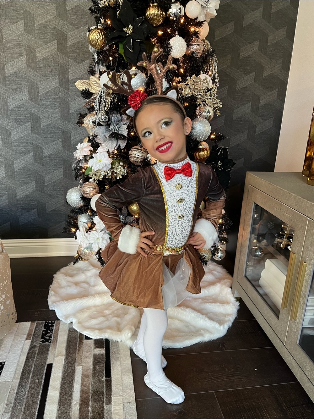Girls Brown Velvet Nutcracker-Inspired Costume with Red Bow